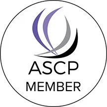 A white circle with the word ascp in it.