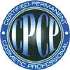 A blue and black logo for certified permanent cosmetic professional.